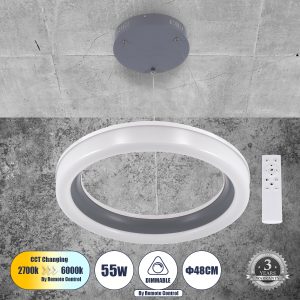 ARIANA 61039 Κρεμαστή Πλαφονιέρα Οροφής Κύκλος LED CCT 55W 6376lm 120° AC 220-240V – Εναλλαγή Φωτισμού μέσω Τηλεχειριστηρίου All In One Ψυχρό Λευκό 6000k+Φυσικό Λευκό 4500k+Θερμό Λευκό 2700k Dimmable Φ48cm – Ανθρακί – 3 Years Warrant