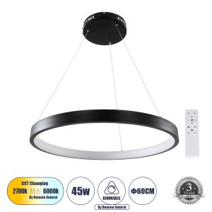NEMESIS 61158 Κρεμαστό Φωτιστικό Δαχτυλίδι-Κύκλος LED CCT 45W 5230lm 360° AC 220-240V – Εναλλαγή Φωτισμού μέσω Τηλεχειριστηρίου All In One Ψυχρό 6000k+Φυσικό 4500k+Θερμό 2700k Dimmable Φ60cm – Μαύρο – 3 Years Warranty
