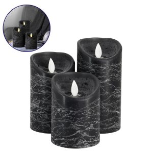 79557 ΣΕΤ 3 Διακοσμητικών Realistic Κεριών Παραφίνης με LED Εφέ Κινούμενης Φλόγας – Μπαταρίας & Ασύρματο Χειριστήριο IR Μαύρα με Ασημένιες Ρίγες Θερμό Λευκό 3000K Dimmable