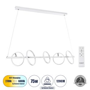 CIRCOLARE 61320 Κρεμαστό Φωτιστικό Οροφής Design LED CCT 75W 8400lm 360° AC 220-240V – Εναλλαγή Φωτισμού μέσω Τηλεχειριστηρίου All In One Ψυχρό 6000k+Φυσικό 4500k+Θερμό 2700k Dimmable Μ120 x Π25 x Υ25cm – Λευκό – 3 Χρόνια Εγγύηση