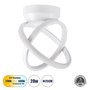 AMELIA 61053 Φωτιστικό Οροφής Design LED CCT 20W 2400lm 300° AC 220-240V – Εναλλαγή Φωτισμού μέσω Διακόπτη On/Off All In One Ψυχρό 6000k+Φυσικό 4500k+Θερμό 2700k Μ24.5 x Π16 x Υ25cm – Λευκό