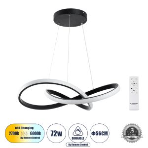DEXTER 61049 Κρεμαστό Φωτιστικό Οροφής Design LED CCT 72W 8064lm 300° AC 220-240V – Εναλλαγή Φωτισμού μέσω Τηλεχειριστηρίου All In One Ψυχρό 6000k+Φυσικό 4500k+Θερμό 2700k Dimmable Φ56cm – Μαύρο – 3 Years Warranty