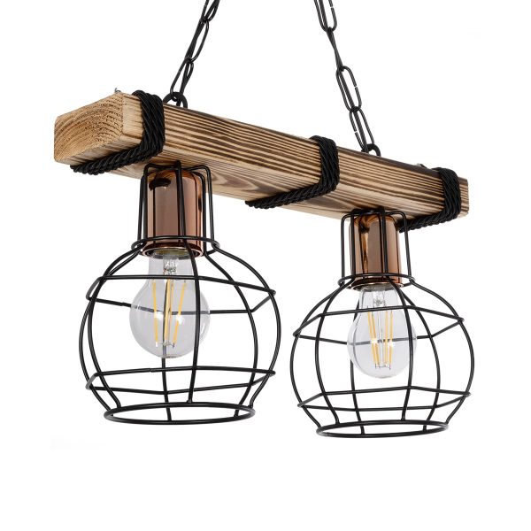 STARLO 201-0005 Vintage Κρεμαστό Φωτιστικό Ράγα Δίφωτο 2 x E27 IP20 Μπεζ Ξύλο με Μαύρο Μέταλλο - Μ40 x Π15x Υ65cm