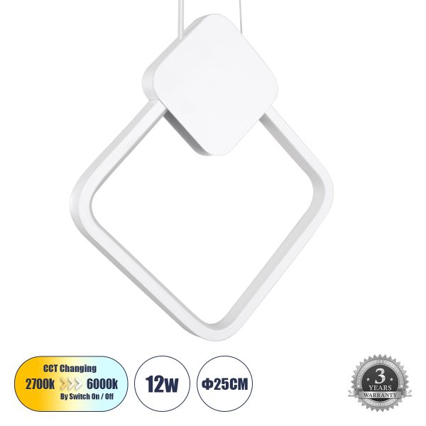 MARY 61083 Κρεμαστό Φωτιστικό Οροφής Design LED CCT 12W 1440lm 300° AC 220-240V - Εναλλαγή Φωτισμού μέσω Διακόπτη On/Off All In One Ψυχρό 6000k+Φυσικό 4500k+Θερμό 2700k Μ20 x Π2.3 x Υ28.5cm - Λευκό