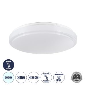SENSORANO 60994 Πλαφονιέρα Οροφής LED 30W 3000lm 120° AC 220-240V με Ενσωματωμένο Σύστημα Ρυθμιζόμενου Microwave Αισθητήρα Κίνησης – Αδιάβροχη IP54 Φ38 x Υ5.3cm Ψυχρό Λευκό 6000K – Λευκό – Bridgelux Chips – 3 Years Warranty