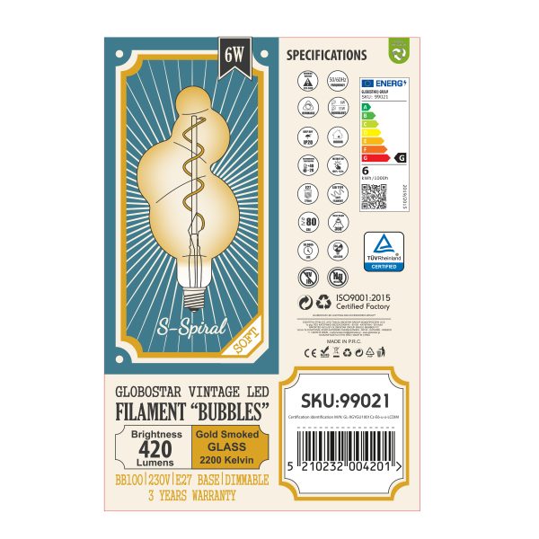 99021 Λάμπα LED Soft S Spiral Filament E27 BB100 BUBBLES Γλόμπος 6W 420lm 360° AC 220-240V IP20 Φ10 x Υ24cm Ultra Θερμό Λευκό 2200K με Μελί Γυαλί - Dimmable - 3 Years Warranty - Image 5