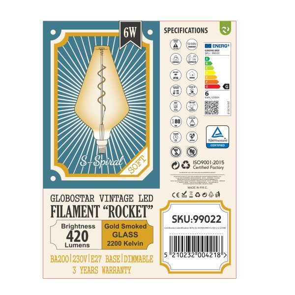 99022 Λάμπα LED Soft S Spiral Filament E27 BA200 ROCKET Γλόμπος 6W 420lm 360° AC 220-240V IP20 Φ20 x Υ41.5cm Ultra Θερμό Λευκό 2200K με Μελί Γυαλί - Dimmable - 3 Years Warranty - Image 5