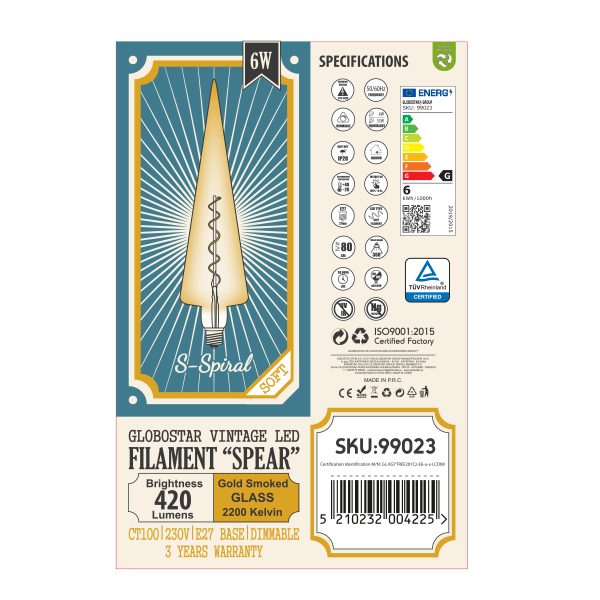99023 Λάμπα LED Soft S Spiral Filament E27 CT100 SPEAR Γλόμπος 6W 420lm 360° AC 220-240V IP20 Φ10 x Υ28cm Ultra Θερμό Λευκό 2200K με Μελί Γυαλί - Dimmable - 3 Χρόνια Εγγύηση - Image 5