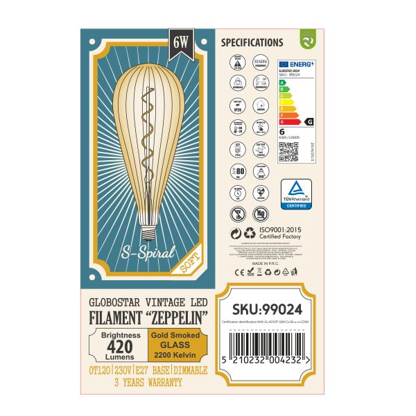 99024 Λάμπα LED Soft S Spiral Filament E27 OT120 ZEPPELIN Γλόμπος 6W 420lm 360° AC 220-240V IP20 Φ12 x Υ46cm Ultra Θερμό Λευκό 2200K με Μελί Γυαλί - Dimmable - 3 Years Warranty - Image 5
