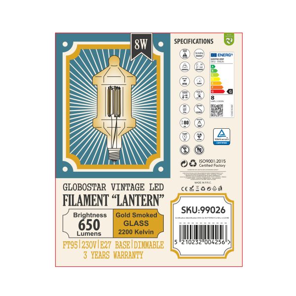 99026 Λάμπα LED Long Filament E27 FT95 LANTERN Γλόμπος 8W 650lm 360° AC 220-240V IP20 Φ9.5 x Υ21.5cm Ultra Θερμό Λευκό 2200K με Μελί Γυαλί - Dimmable - 3 Years Warranty - Image 5