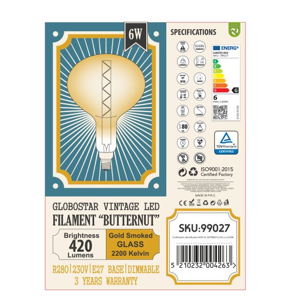 99027 Λάμπα LED Zig Long Filament E27 R280 BUTTERNUT Γλόμπος 6W 420lm 360° AC 220-240V IP20 Φ28 x Υ41cm Ultra Θερμό Λευκό 2200K με Μελί Γυαλί - Dimmable - 3 Years Warranty - Image 5