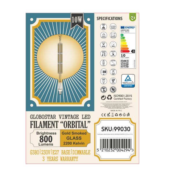 99030 Λάμπα LED Long Filament E27 G380 ORBITAL Γλόμπος 10W 800lm 360° AC 220-240V IP20 Φ38 x Υ55cm Ultra Θερμό Λευκό 2200K με Μελί Γυαλί - Dimmable - 3 Years Warranty - The Bigger Bulb in Greece - Image 5