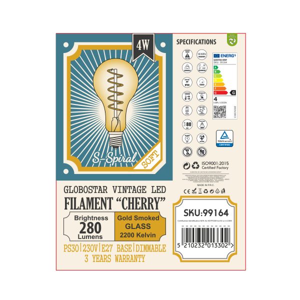 99164 Λάμπα LED Soft S Spiral Filament E27 PS30 CHERRY Γλόμπος 4W 280lm 360° AC 220-240V IP20 Φ9.5 x Υ13.4cm Ultra Θερμό Λευκό 2200K με Μελί Γυαλί Dimmable - 3 Χρόνια Εγγύηση - Image 5