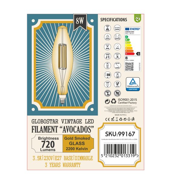 99167 Λάμπα LED Long Filament E27 3.5K AVOCADOS Γλόμπος 8W 650lm 360° AC 220-240V IP20 Φ12 x Υ44cm Ultra Θερμό Λευκό 2200K με Μελί Γυαλί Dimmable - 3 Χρόνια Εγγύηση - Image 5