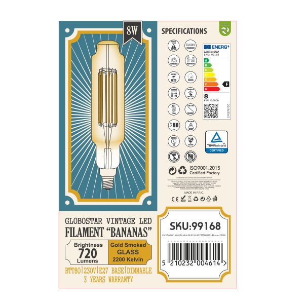 99168 Λάμπα LED Long Filament E27 BTT80 BANANAS Γλόμπος 8W 720lm 360° AC 220-240V IP20 Φ7.8 x Υ34.5cm Ultra Θερμό Λευκό 2200K με Μελί Γυαλί - Dimmable - 3 Χρόνια Εγγύηση - Image 5