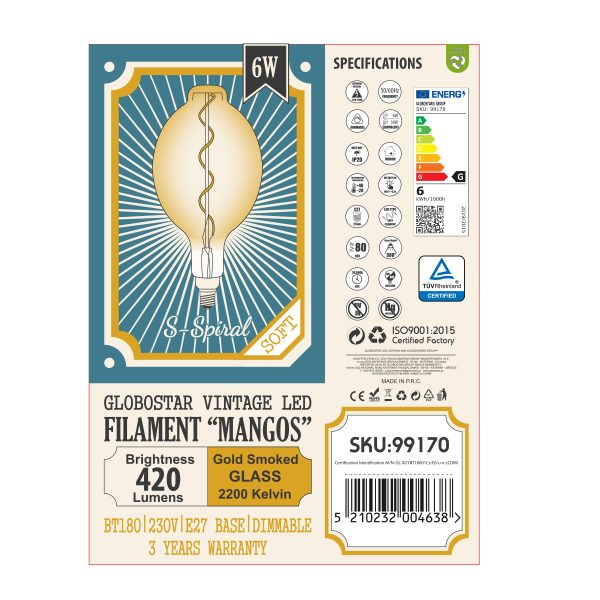 99170 Λάμπα LED Soft S Spiral Filament E27 BT180 MANGOS Γλόμπος 6W 420lm 360° AC 220-240V IP20 Φ18 x Υ39cm Ultra Θερμό Λευκό 2200K με Μελί Γυαλί - Dimmable - 3 Years Warranty - Image 5