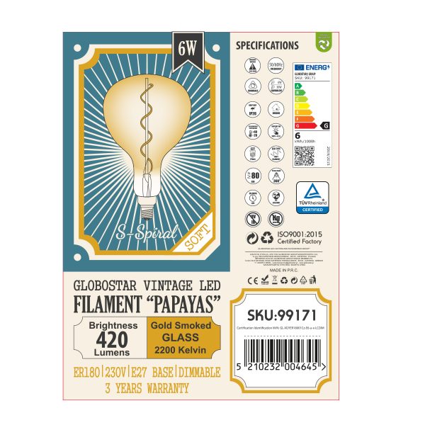 99171 Λάμπα LED Soft S Spiral Filament E27 ER180 PAPAYAS Γλόμπος 6W 420lm 360° AC 220-240V IP20 Φ18 x Υ30cm Ultra Θερμό Λευκό 2200K με Μελί Γυαλί - Dimmable - 3 Years Warranty - Image 5