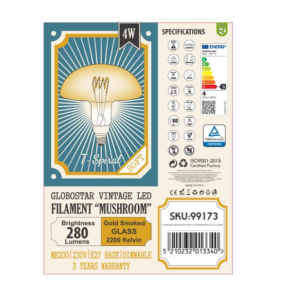 99173 Λάμπα LED Soft T Spiral Filament E27 MR200 MUSHROOM Γλόμπος 4W 280lm 360° AC 220-240V IP20 Φ20 x Υ20cm Ultra Θερμό Λευκό 2200K με Μελί Γυαλί Dimmable - 3 Χρόνια Εγγύηση - Image 5