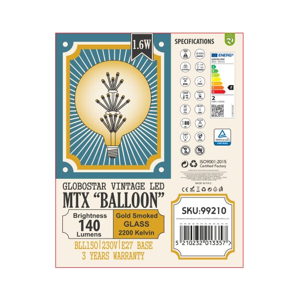 99210 Λάμπα LED MTX Diode HP E27 BLL150 MTX BALLOON Γλόμπος 1.6W 140lm 360° AC 220-240V IP20 Φ15 x Υ19.5cm Ultra Θερμό Λευκό 2200K με Μελί Γυαλί - 3 Χρόνια Εγγύηση - Image 5