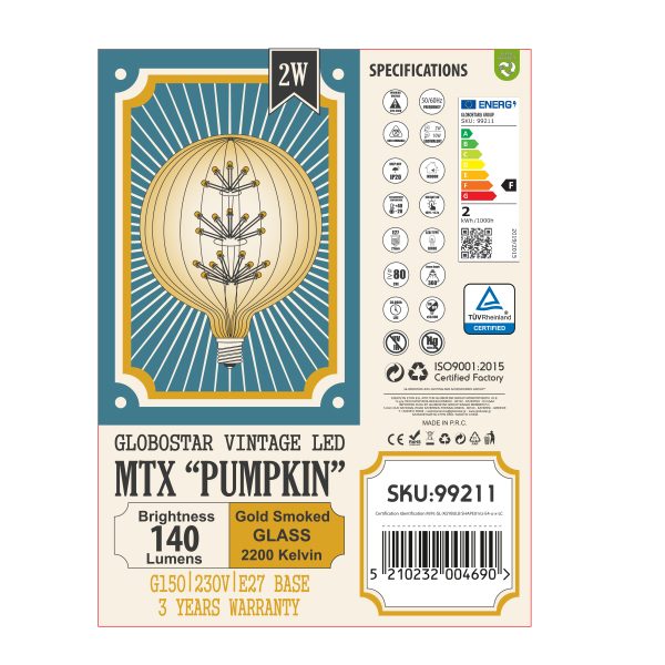 99211 Λάμπα LED MTX Diode HP E27 G150 PUMPKIN Γλόμπος 1.6W 140lm 360° AC 220-240V IP20 Φ15 x Υ19cm Ultra Θερμό Λευκό 2200K με Μελί Γυαλί - 3 Χρόνια Εγγύηση - Image 5