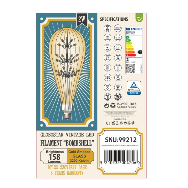 99212 Λάμπα LED MTX Diode HP E27 BT125 BOMBSHELL Γλόμπος 1.8W 158lm 360° AC 220-240V IP20 Φ12.5 x Υ29cm Ultra Θερμό Λευκό 2200K με Μελί Γυαλί - Dimmable - 3 Years Warranty - Image 5