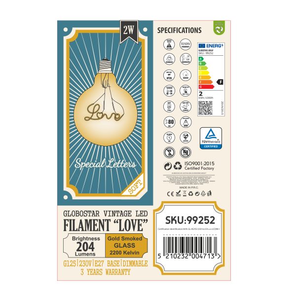 99252 Λάμπα LED Ultra Thin Soft S Spiral Letter Filament E27 G125 LOVE Γλόμπος 2.4W 204lm 360° AC 220-240V IP20 Φ12.5 x Υ18cm Ultra Θερμό Λευκό 2200K με Μελί Γυαλί - Dimmable - 3 Years Warranty - Image 5