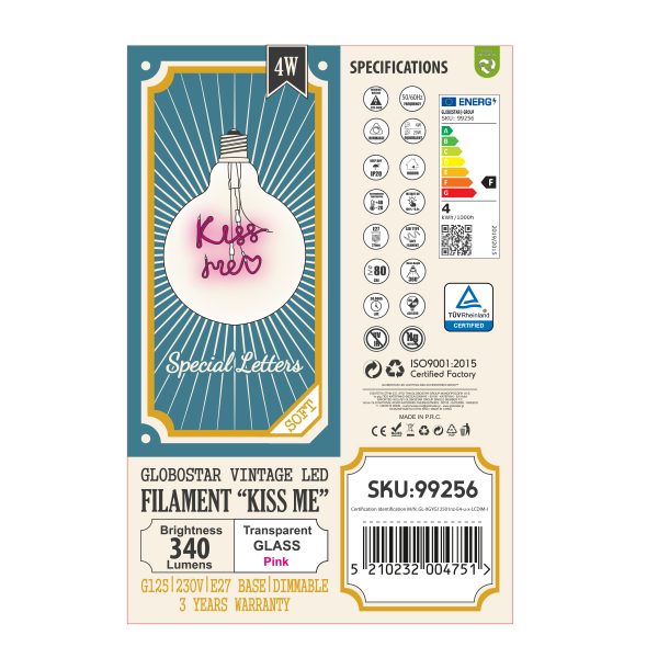 99256 Λάμπα LED Ultra Thin Soft S Spiral Letter Filament E27 G125 KISS ME Γλόμπος 4W 340lm 360° AC 220-240V IP20 Φ12.5 x Υ18cm Ροζ με Διάφανο Γυαλί - Dimmable - 3 Χρόνια Εγγύηση - Image 5