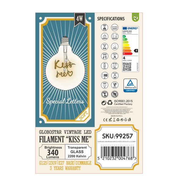 99257 Λάμπα LED Ultra Thin Soft S Spiral Letter Filament E27 G125 KISS ME Γλόμπος 4W 340lm 360° AC 220-240V IP20 Φ12.5 x Υ18cm Ultra Θερμό Λευκό 2200K με Διάφανο Γυαλί - Dimmable - 3 Χρόνια Εγγύηση - Image 5
