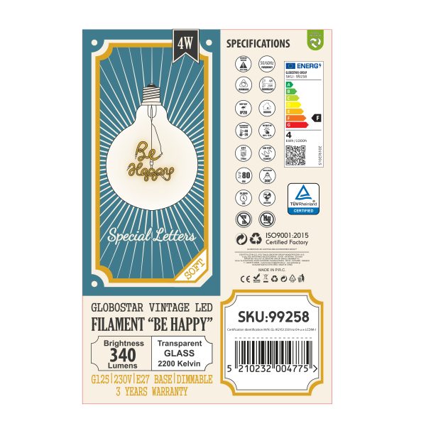 99258 Λάμπα LED Ultra Thin Soft S Spiral Letter Filament E27 G125 BE HAPPY Γλόμπος 4W 340lm 360° AC 220-240V IP20 Φ12.5 x Υ18cm Ultra Θερμό Λευκό 2200K με Διάφανο Γυαλί - Dimmable - 3 Years Warranty - Image 5