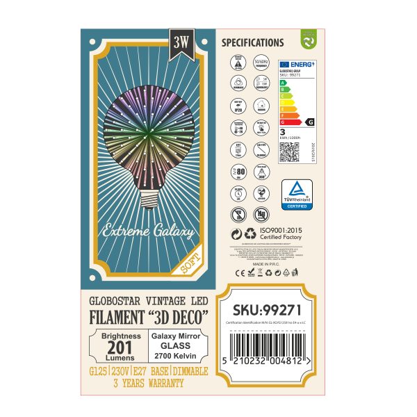 99271 Λάμπα LED Long Filament E27 G125 Γλόμπος 3D GALAXY EFFECT Γλόμπος 3W 201lm 360° AC 220-240V IP20 Φ12.5 x Υ18cm Θερμό Λευκό 2700K με Galaxy Mirror Γυαλί - Dimmable - 3 Χρόνια Εγγύηση - Image 5