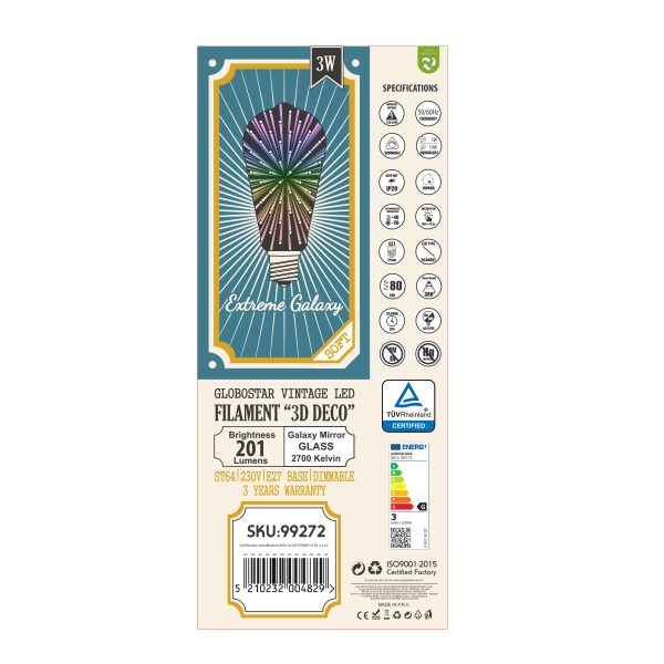 99272 Λάμπα LED Long Filament E27 ST64 Αχλάδι 3D Galaxy Effect 3W 201lm 360° AC 220-240V IP20 Φ6.4 x Υ14cm Θερμό Λευκό 2700K με Galaxy Mirror Γυαλί - Dimmable - 3 Years Warranty - Image 5