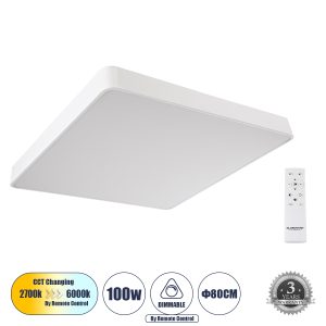KAMALA 61211-S Πλαφονιέρα Οροφής LED CCT 100W 11020lm 120° AC 220-240V – Εναλλαγή Φωτισμού μέσω Τηλεχειριστηρίου All In One Ψυχρό 6000k+Φυσικό 4500k+Θερμό 2700k Dimmable Μ80 x Π80 x Υ8cm – Λευκό – 3 Years Warranty