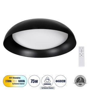 ANATOLIA 61264 Πλαφονιέρα Οροφής LED CCT 75W 8625lm 120° AC 220-240V – Εναλλαγή Φωτισμού μέσω Τηλεχειριστηρίου All In One Ψυχρό 6000k+Φυσικό 4500k+Θερμό 2700k Dimmable Φ60cm – Μαύρο – 3 Years Warranty
