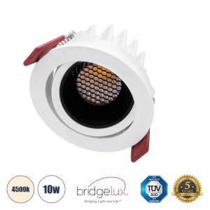 LEO-R 60282 Χωνευτό LED Spot Downlight TrimLess Φ8.5cm 10W 1300lm 38° AC 220-240V IP20 Φ8.5 x Υ6.6cm – Στρόγγυλο – Κινούμενο – Λευκό με Μαύρο Κάτοπτρο & Anti-Glare HoneyComb – Φυσικό Λευκό 4500K – Bridgelux COB – 5 Years Warranty