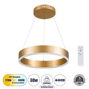 VENOM 61175 Κρεμαστό Φωτιστικό Δαχτυλίδι-Κύκλος LED CCT 30W 3513lm 120° AC 220-240V – Εναλλαγή Φωτισμού μέσω Τηλεχειριστηρίου All In One Ψυχρό 6000K+Φυσικό 4500K+Θερμό 2700K Dimmable Φ40cm – Χρυσό Βούρτσας – 3 Years Warranty