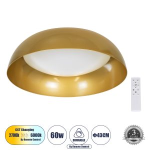 ANATOLIA 61263 Πλαφονιέρα Οροφής LED CCT 60W 6900lm 120° AC 220-240V – Εναλλαγή Φωτισμού μέσω Τηλεχειριστηρίου All In One Ψυχρό 6000k+Φυσικό 4500k+Θερμό 2700k Dimmable Φ43cm – Χρυσό – 3 Years Warranty