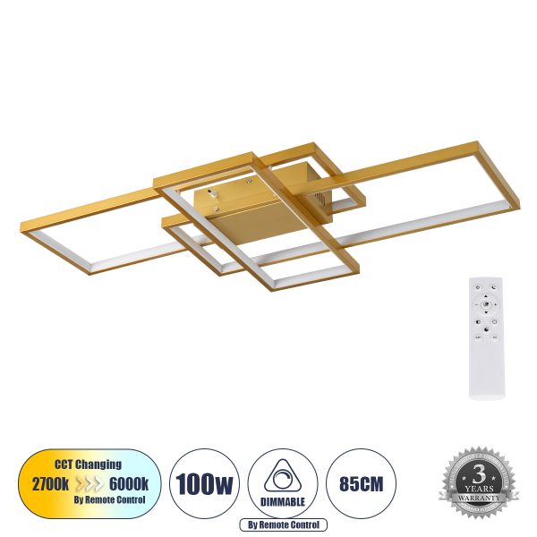 QUADRA 61387 Μοντέρνο Φωτιστικό Οροφής LED 100W 12000lm 120° AC 220-240V IP20 Ρυθμιζόμενο Λευκό CCT με Χειριστήριο από 2700K έως 6000K Dimmable - Lumileds SMD Chip - Χρυσό Βούρτσας - Μ85 x Π45 x Υ9cm - 3 Χρόνια Εγγύηση