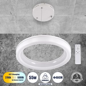 ARIANA 61038 Κρεμαστή Πλαφονιέρα Οροφής Κύκλος LED CCT 55W 6376lm 120° AC 220-240V – Εναλλαγή Φωτισμού μέσω Τηλεχειριστηρίου All In One Ψυχρό Λευκό 6000k+Φυσικό Λευκό 4500k+Θερμό Λευκό 2700k Dimmable Φ48cm – Λευκό – 3 Years Warranty