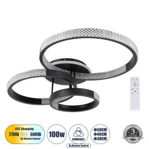 DIAMOND 61114 Φωτιστικό Οροφής Δαχτυλίδι-Κύκλος LED CCT 100W 12123lm 360° AC 220-240V – Εναλλαγή Φωτισμού μέσω Τηλεχειριστηρίου All In One Ψυχρό 6000k+Φυσικό 4500k+Θερμό 2700k Dimmable Φ30+40+50cm+BackLight – Μαύρο – 3 Years Warranty