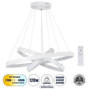 NEMESIS TRIO 61171-DECO Κρεμαστό Φωτιστικό Δαχτυλίδι-Κύκλος LED CCT 120W 14723lm 360° AC 220-240V – Εναλλαγή Φωτισμού μέσω Τηλεχειριστηρίου All In One Ψυχρό 6000k+Φυσικό 4500k+Θερμό 2700k Dimmable Φ40+60+80cm – Λευκό – 3 Years Warranty