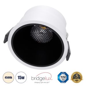 PLUTO-B 60258 Χωνευτό LED Spot Downlight TrimLess Φ10.4cm 15W 1950lm 38° AC 220-240V IP20 Φ10.4 x Υ6.5cm – Στρόγγυλο – Λευκό με Μαύρο Κάτοπτρο & Anti-Glare HoneyComb – Φυσικό Λευκό 4500K – Bridgelux COB – 5 Years Warranty