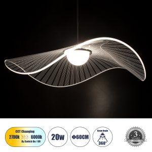 ACRYLICA 60975 Κρεμαστό Φωτιστικό Οροφής Design LED CCT 20W 2240lm 360° AC 220-240V – Εναλλαγή Φωτισμού μέσω Διακόπτη On/Off All In One Ψυχρό 6000k+Φυσικό 4500k+Θερμό 2700k Φ60cm – Μαύρο με Διάφανο Laser Designed Plexiglass – 3 Years Warranty