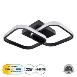 NORA 61061 Φωτιστικό Οροφής Design LED CCT 22W 2640lm 300° AC 220-240V – Εναλλαγή Φωτισμού μέσω Διακόπτη On/Off All In One Ψυχρό 6000k+Φυσικό 4500k+Θερμό 2700k Μ40 x Π24 x Υ7cm – Μαύρο