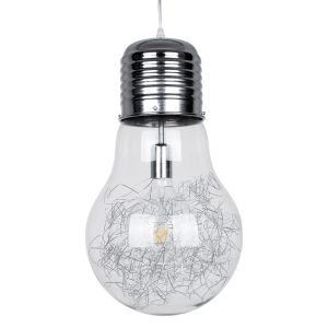 LAMP 01677 Μοντέρνο Κρεμαστό Φωτιστικό Φιγούρα Μονόφωτο 1 x E27 IP20 Ασημί Μέταλλο με Διάφανο Γυαλί – Μ30 x Π30 x Υ52cm