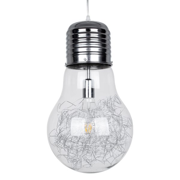 LAMP 01677 Μοντέρνο Κρεμαστό Φωτιστικό Φιγούρα Μονόφωτο 1 x E27 IP20 Ασημί Μέταλλο με Διάφανο Γυαλί - Μ30 x Π30 x Υ52cm