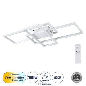 QUADRA 61386 Φωτιστικό Οροφής Design LED CCT 100W 12000lm 120° AC 220-240V – Εναλλαγή Φωτισμού μέσω Τηλεχειριστηρίου All In One Ψυχρό 6000k+Φυσικό 4500k+Θερμό 2700k Dimmable Μ85 x Π45 x Υ9cm – Λευκό – 3 Years Warranty