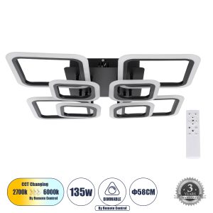 ROYAL-S 61325 Φωτιστικό Οροφής Design LED CCT 135W 16200lm 360° AC 220-240V – Εναλλαγή Φωτισμού μέσω Τηλεχειριστηρίου All In One Ψυχρό 6000k+Φυσικό 4500k+Θερμό 2700k Dimmable Μ58.5 x Π58.5 x Υ12cm – Μαύρο – 3 Years Warranty