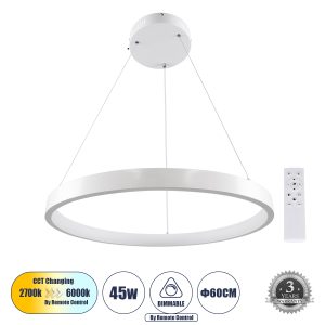 NEMESIS 61159 Κρεμαστό Φωτιστικό Δαχτυλίδι-Κύκλος LED CCT 45W 5230lm 360° AC 220-240V – Εναλλαγή Φωτισμού μέσω Τηλεχειριστηρίου All In One Ψυχρό 6000k+Φυσικό 4500k+Θερμό 2700k Dimmable Φ60cm – Λευκό – 3 Years Warranty