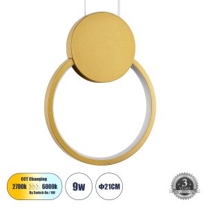 CYCLOS 61075 Κρεμαστό Φωτιστικό Οροφής Design LED CCT 9W 1080lm 300° AC 220-240V – Εναλλαγή Φωτισμού μέσω Διακόπτη On/Off All In One Ψυχρό 6000k+Φυσικό 4500k+Θερμό 2700k Μ21 x Π2.3 x Υ26.5cm – Χρυσό Βούρτσας