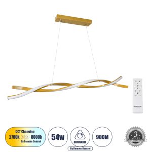 MORALES 61278 Κρεμαστό Φωτιστικό Οροφής Design LED CCT 54W 6048lm 200° AC 220-240V – Εναλλαγή Φωτισμού μέσω Τηλεχειριστηρίου All In One Ψυχρό 6000k+Φυσικό 4500k+Θερμό 2700k Dimmable Μ90 x Π14 x Υ14cm – Χρυσό Πλατίνα – 3 Years Warranty